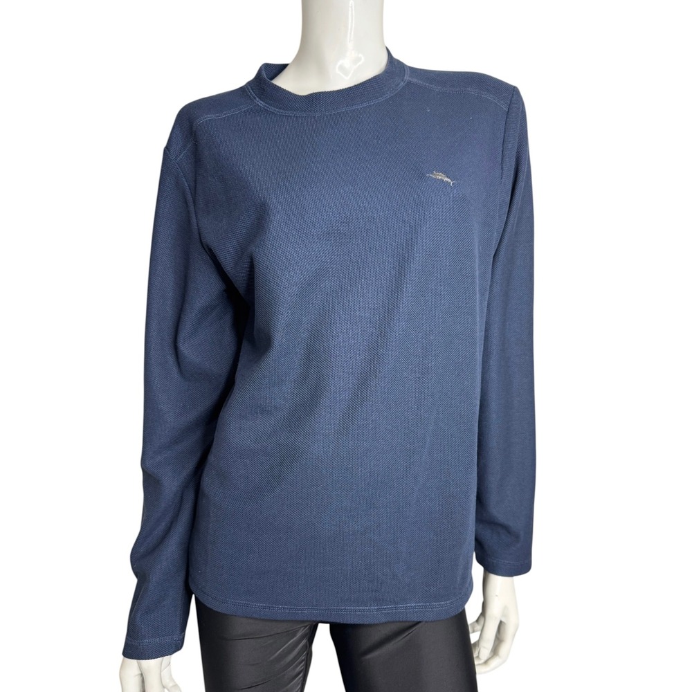 Tommy Bahama Mens Navy Blue Textured Long Sleeve Pullover Marlin Logo Medium
